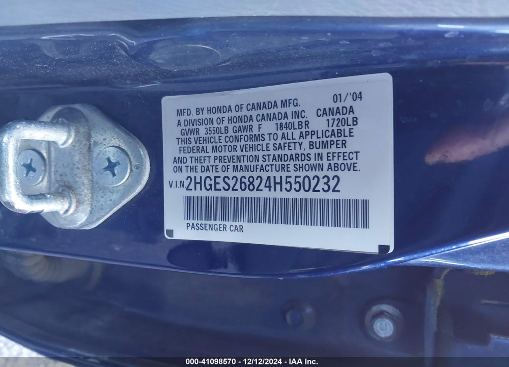 2004 HONDA CIVIC EX VIN: 2HGES26824H550232
