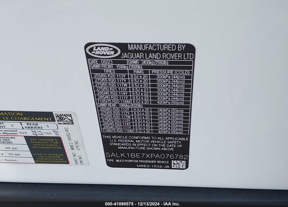 2023 LAND ROVER RANGE ROVER AUTOBIOGRAPHY/AUTOBIOGRAPHY 7 SEAT VIN: SALK1BE7XPA076782