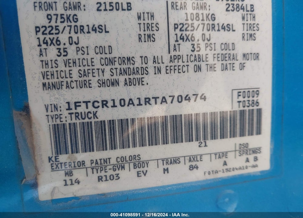 1994 FORD RANGER VIN: 1FTCR10A1RTA70474