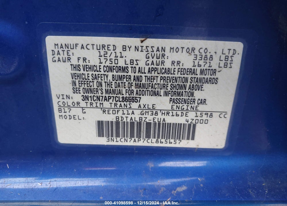 2012 NISSAN VERSA 1.6 SV VIN: 3N1CN7AP7CL865657