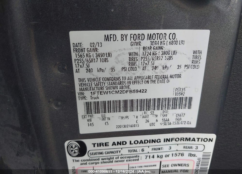 2013 FORD F-150 XL VIN: 1FTEW1CM2DFB59422