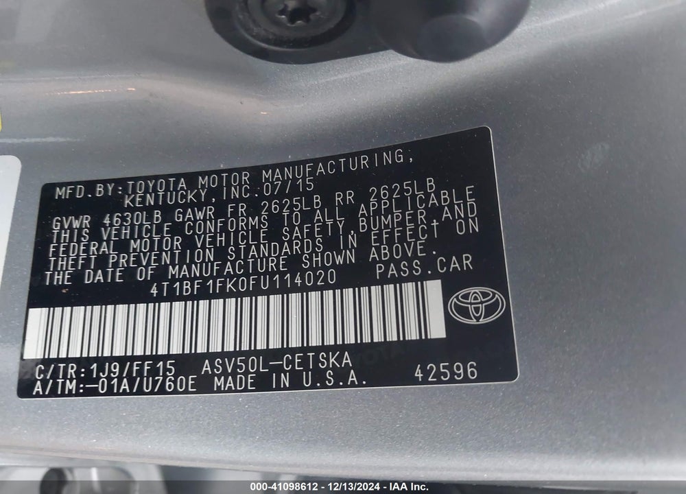 2015 TOYOTA CAMRY VIN: 4T1BF1FK0FU114020