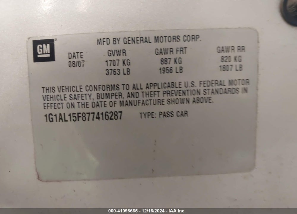2007 CHEVROLET COBALT LT VIN: 1G1AL15F877416287