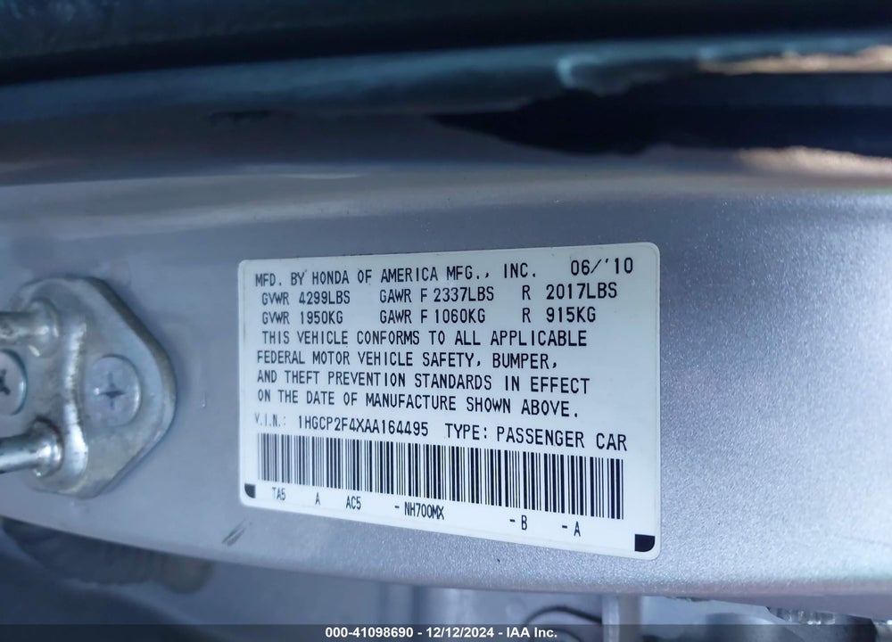 2010 HONDA ACCORD 2.4 LX-P VIN: 1HGCP2F4XAA164495