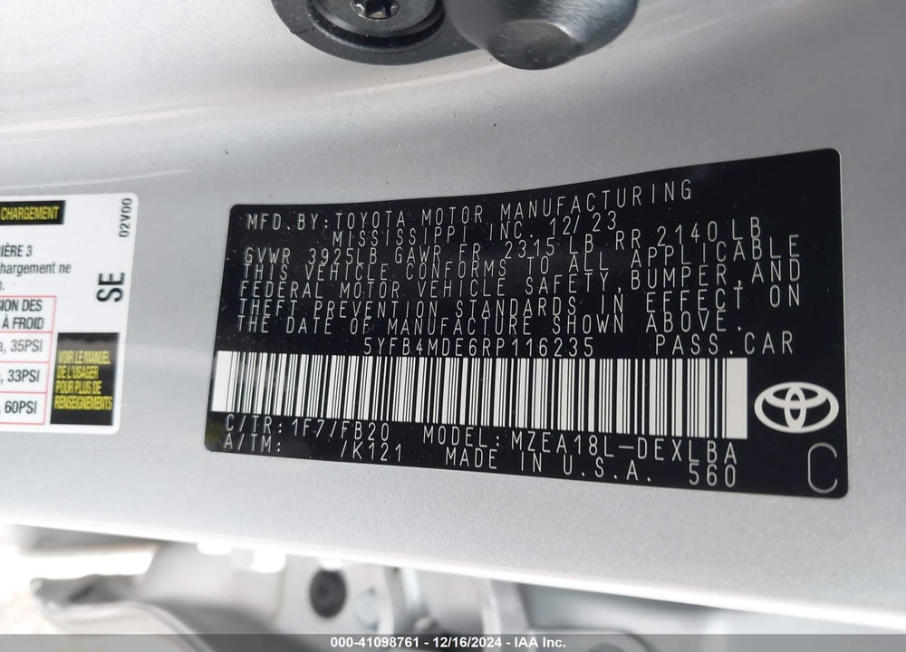 2024 TOYOTA COROLLA LE VIN: 5YFB4MDE6RP116235