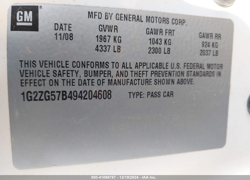 2009 PONTIAC G6 VIN: 1G2ZG57B494204608