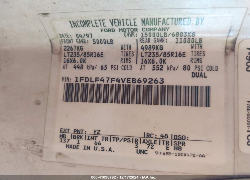1997 FORD F SUPER DUTY VIN: 1FDLF47F4VEB69263