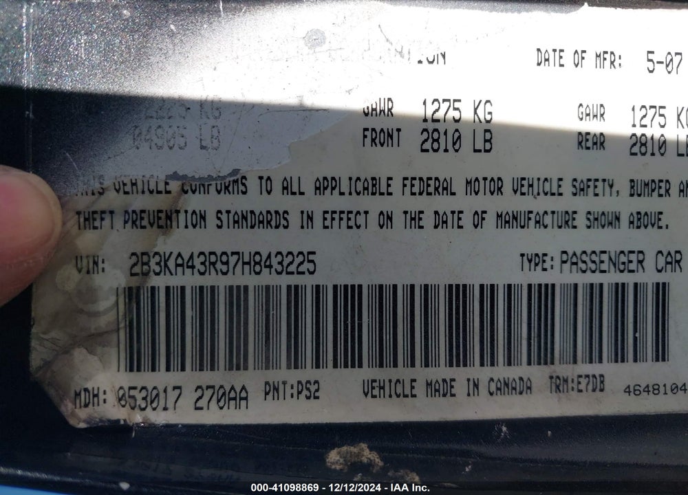 2007 DODGE CHARGER VIN: 2B3KA43R97H843225