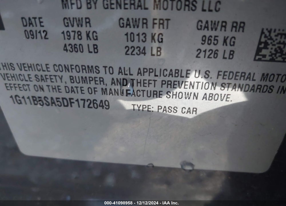 2013 CHEVROLET MALIBU 1LS VIN: 1G11B5SA5DF172649