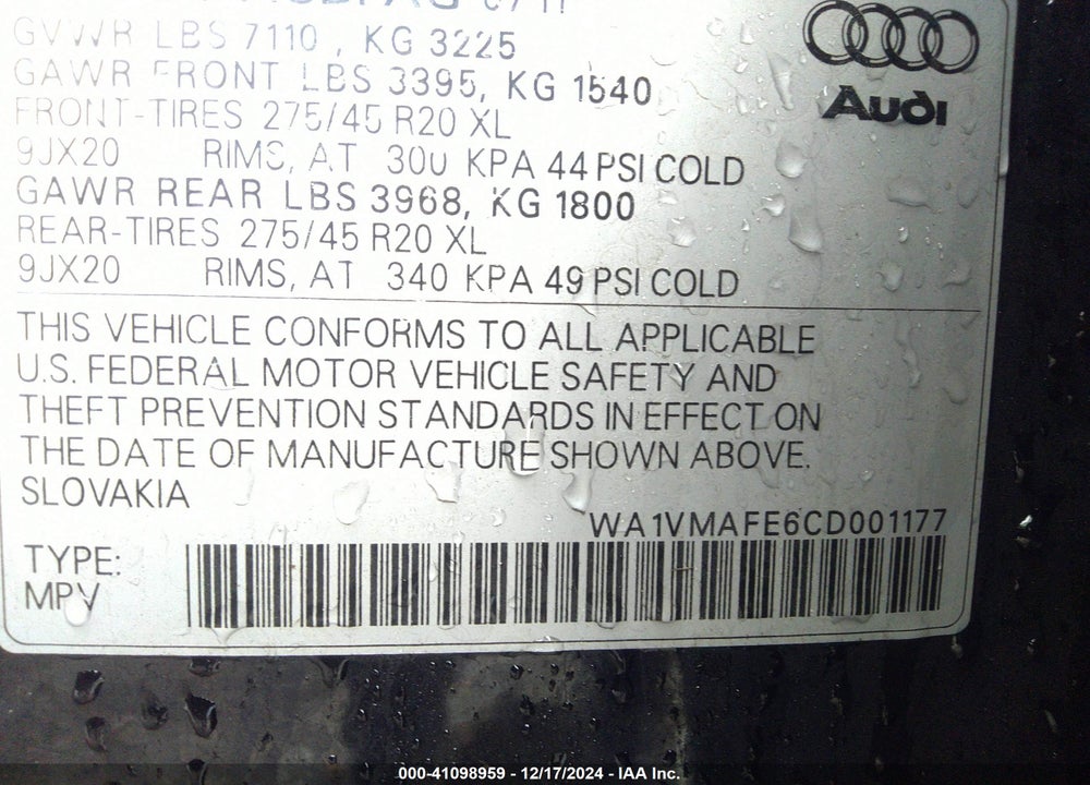 2012 AUDI Q7 3.0 TDI PREMIUM VIN: WA1VMAFE6CD001177