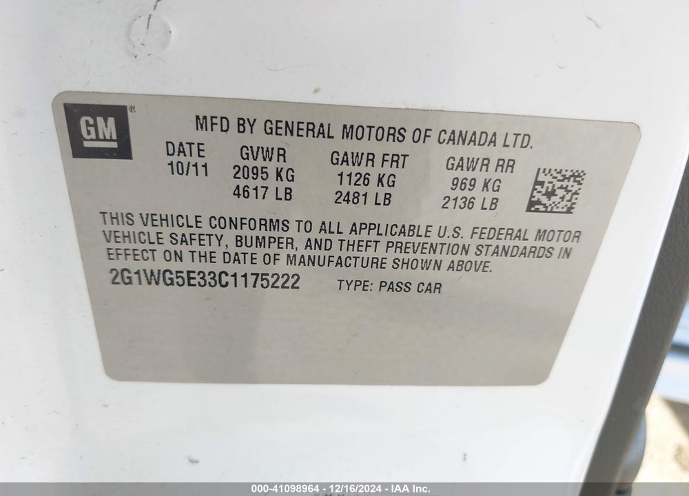 2012 CHEVROLET IMPALA LT VIN: 2G1WG5E33C1175222