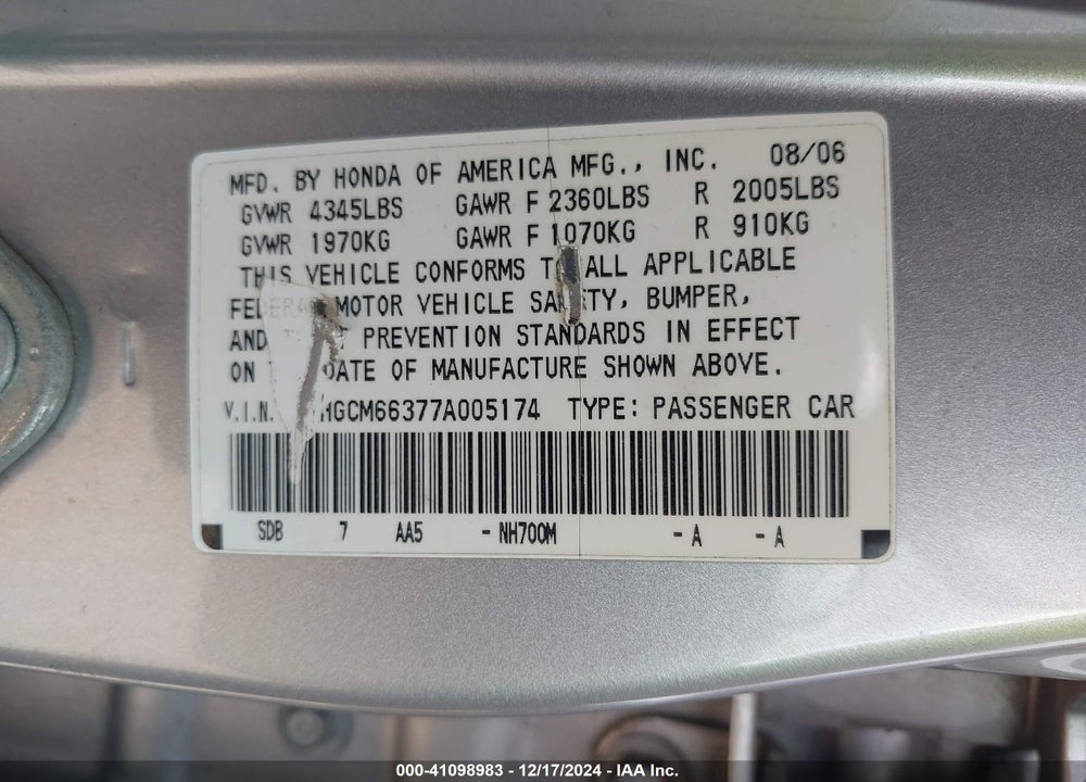2007 HONDA ACCORD 3.0 LX VIN: 1HGCM66377A005174