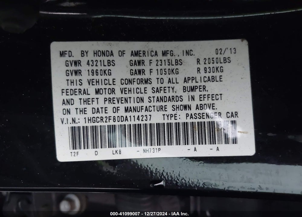2013 HONDA ACCORD EX-L VIN: 1HGCR2F80DA114237