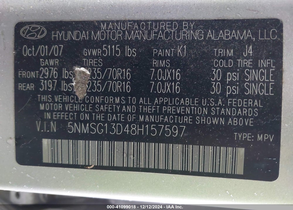 2008 HYUNDAI SANTA FE GLS VIN: 5NMSG13D48H157597