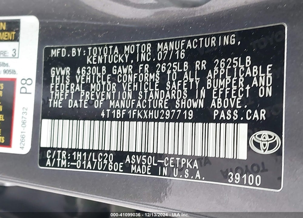 2017 TOYOTA CAMRY XSE VIN: 4T1BF1FKXHU297719