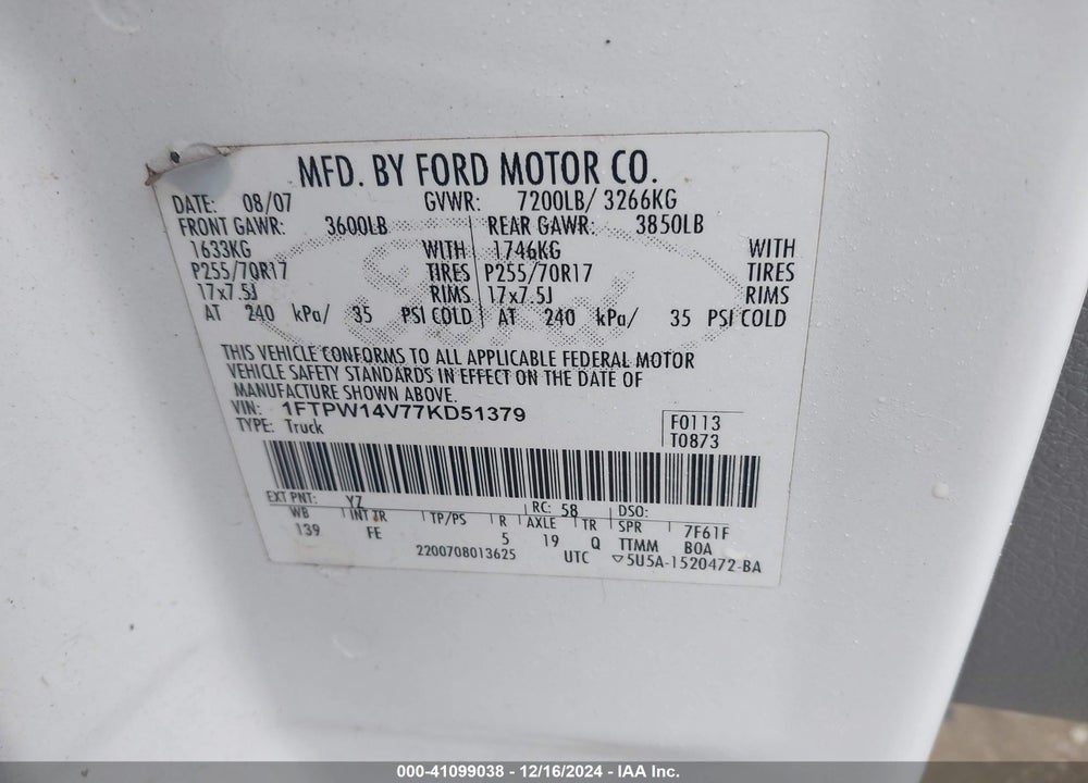 2007 FORD F-150 FX4/LARIAT/XLT VIN: 1FTPW14V77KD51379