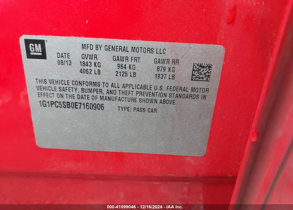2014 CHEVROLET CRUZE VIN: 1G1PC5SB0E7160906