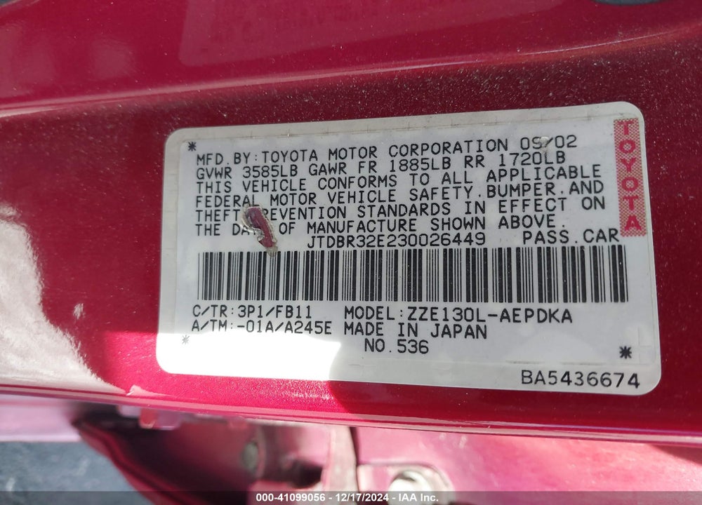 2003 TOYOTA COROLLA CE VIN: JTDBR32E230026449