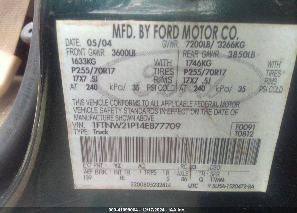 2004 FORD F-250 VIN: 1FTNW21P14EB77709