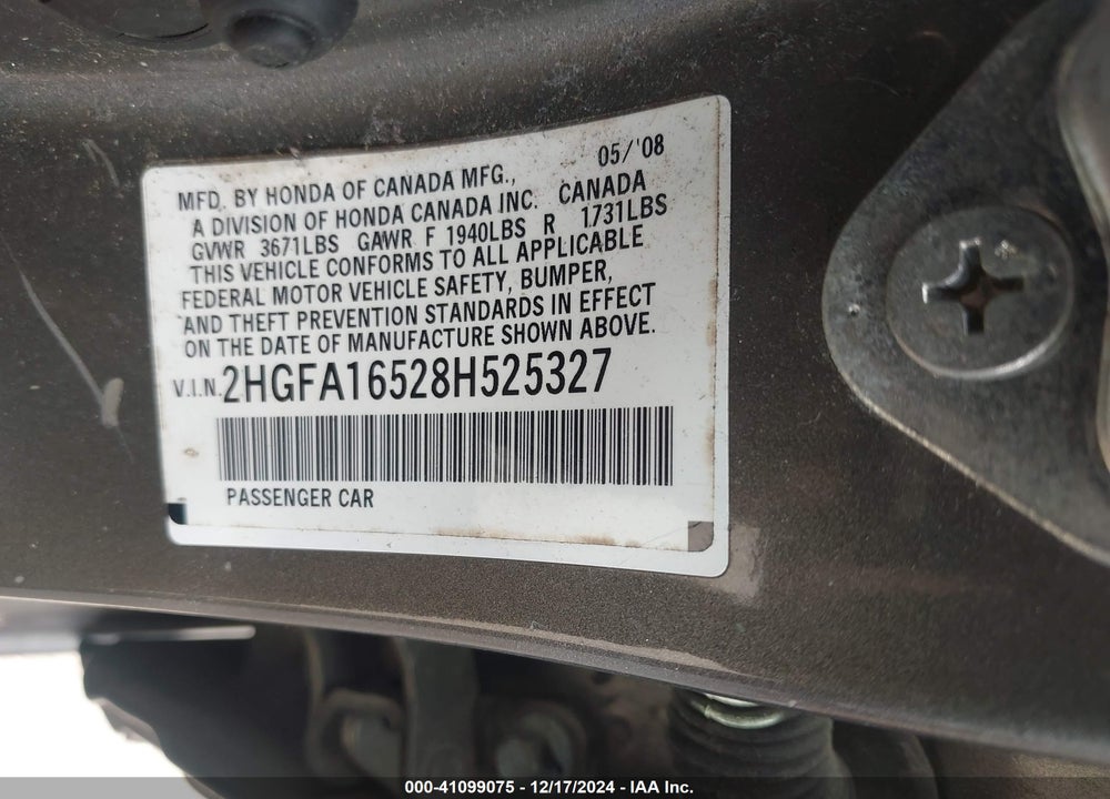 2008 HONDA CIVIC LX VIN: 2HGFA16528H525327