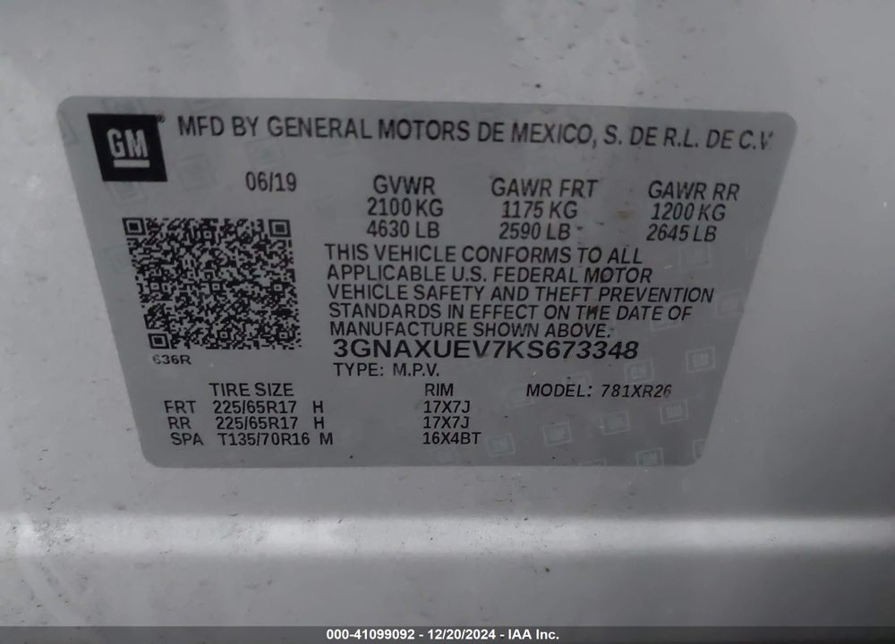 2019 CHEVROLET EQUINOX LT VIN: 3GNAXUEV7KS673348