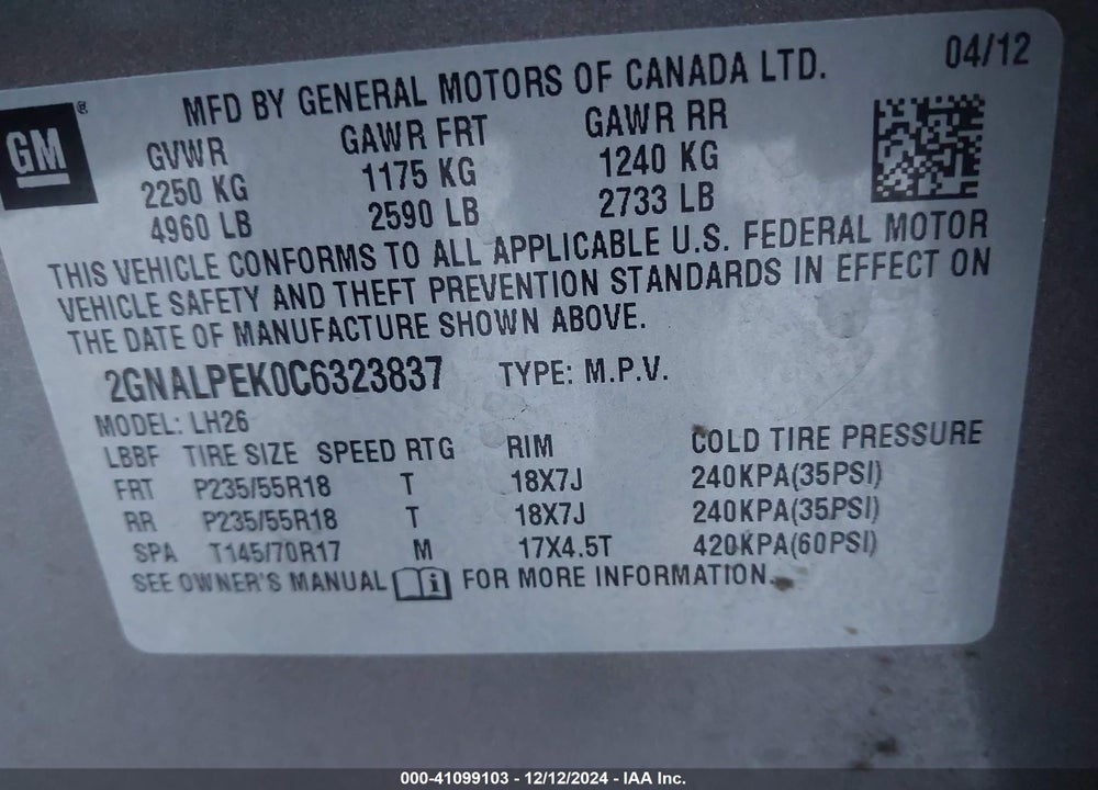 2012 CHEVROLET EQUINOX 2LT VIN: 2GNALPEK0C6323837