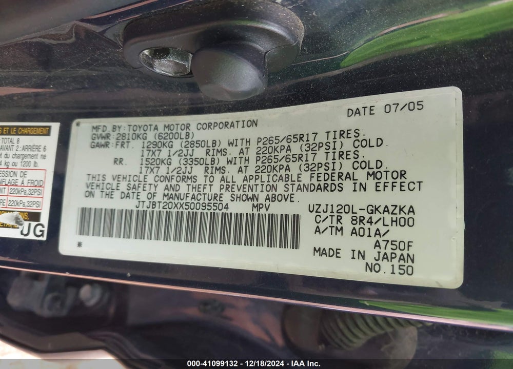 2005 LEXUS GX 470 VIN: JTJBT20XX50095504