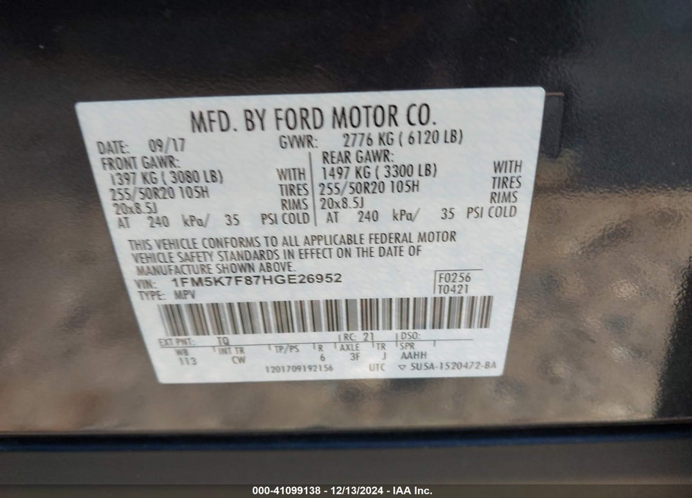 2017 FORD EXPLORER LIMITED VIN: 1FM5K7F87HGE26952
