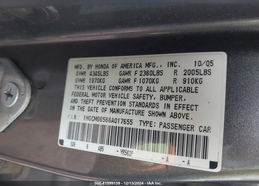 2006 HONDA ACCORD VIN: 1HGCM66566A017655