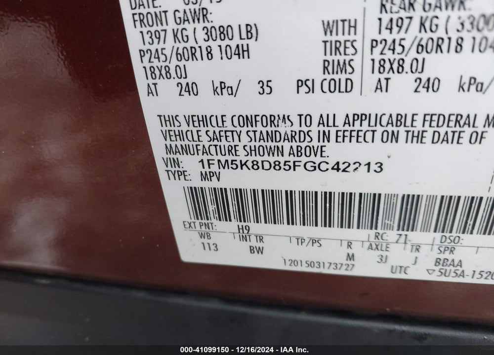 2015 FORD EXPLORER XLT VIN: 1FM5K8D85FGC42213