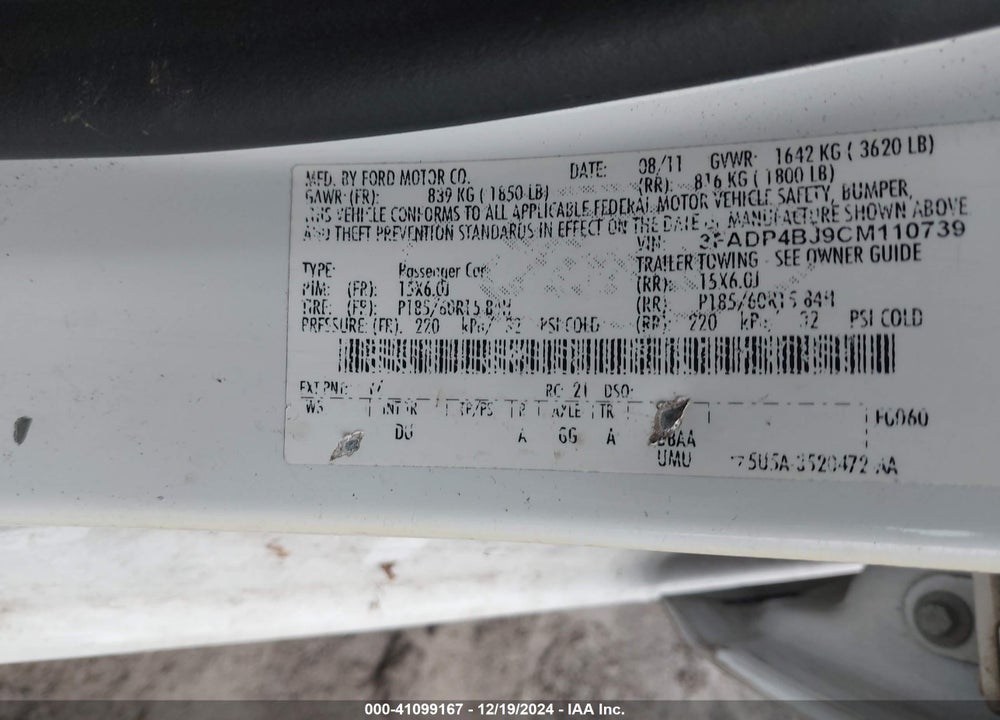 2012 FORD FIESTA SE VIN: 3FADP4BJ9CM110739