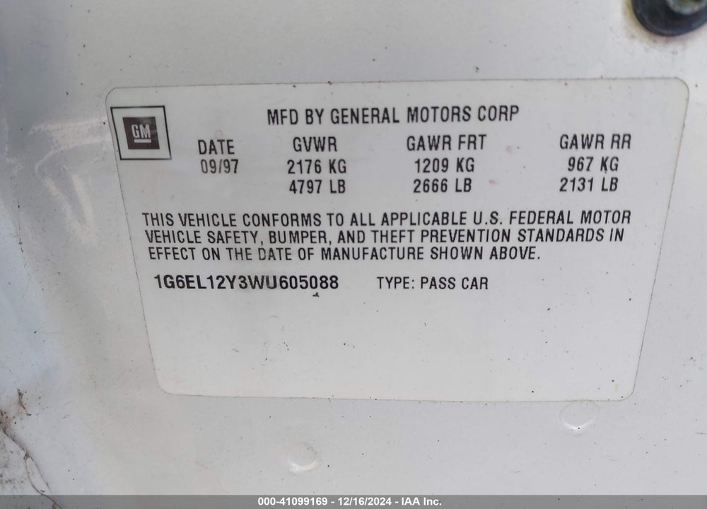1998 CADILLAC ELDORADO STANDARD VIN: 1G6EL12Y3WU605088