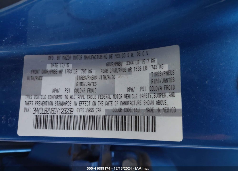 2016 SCION IA VIN: 3MYDLBZV6GY123239