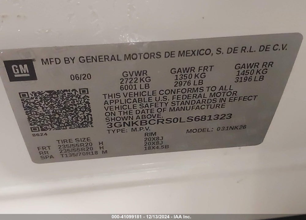 2020 CHEVROLET BLAZER FWD 2LT VIN: 3GNKBCRS0LS681323