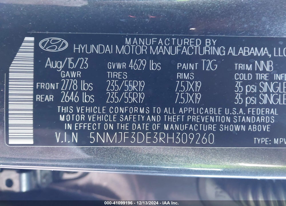 2024 HYUNDAI TUCSON SEL VIN: 5NMJF3DE3RH309260