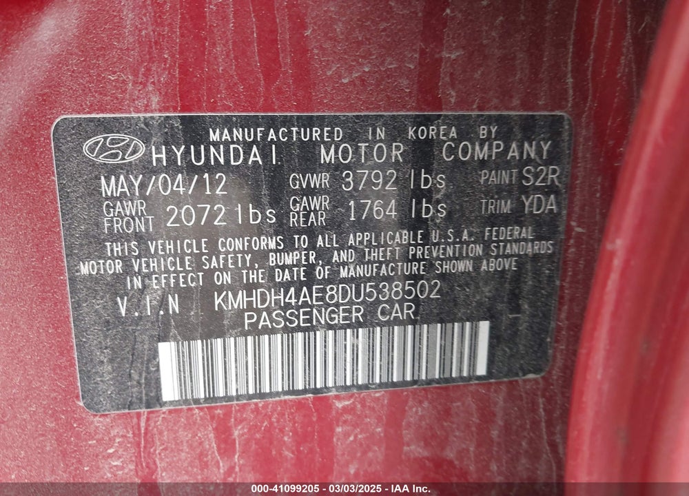 2013 HYUNDAI ELANTRA VIN: KMHDH4AE8DU538502