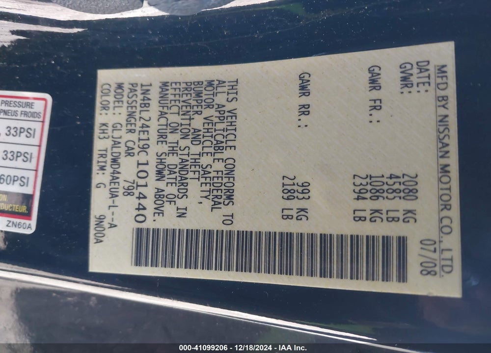 2009 NISSAN ALTIMA 3.5 SE VIN: 1N4BL24E19C101440