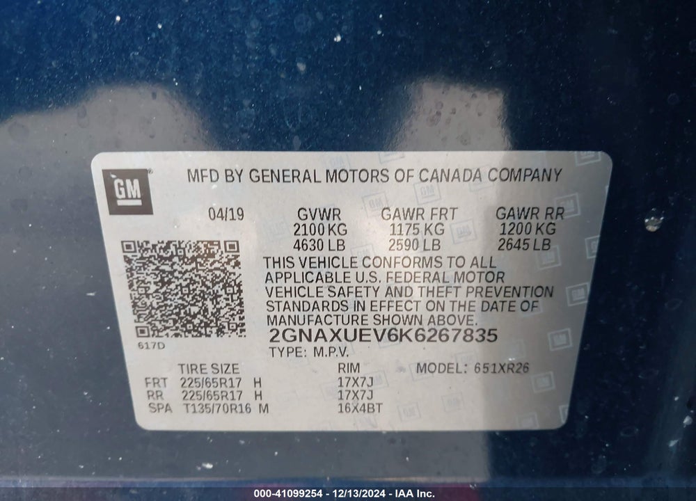 2019 CHEVROLET EQUINOX LT VIN: 2GNAXUEV6K6267835