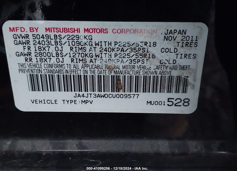 2012 MITSUBISHI OUTLANDER SE VIN: JA4JT3AW0CU009577