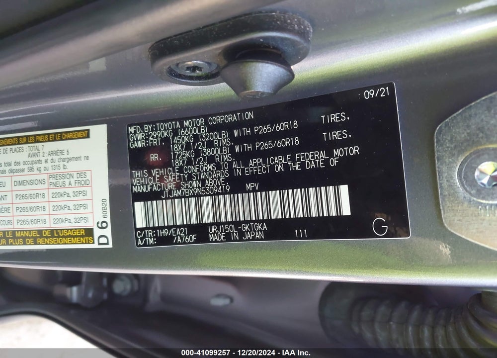 2022 LEXUS GX 460 PREMIUM VIN: JTJAM7BX9N5309419
