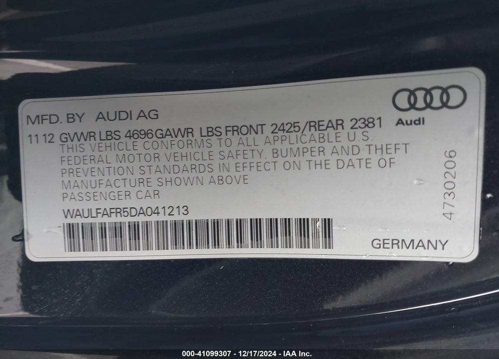 2013 AUDI A5 2.0T PREMIUM VIN: WAULFAFR5DA041213