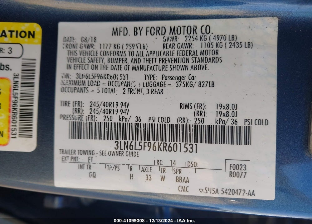 2019 LINCOLN MKZ RESERVE II VIN: 3LN6L5F96KR601531