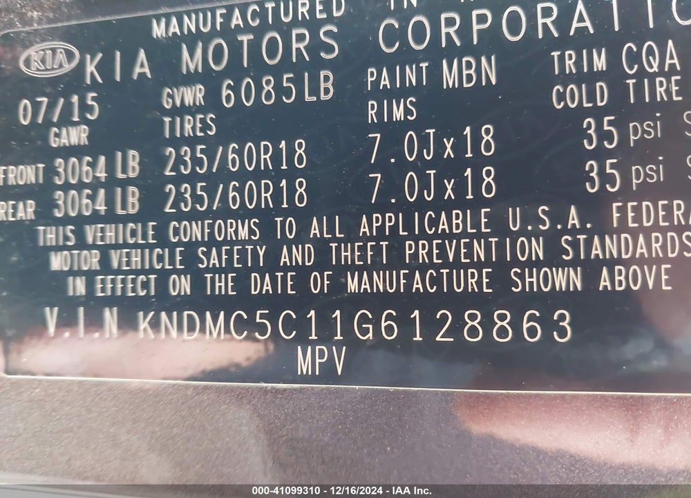 2016 KIA SEDONA SX VIN: KNDMC5C11G6128863
