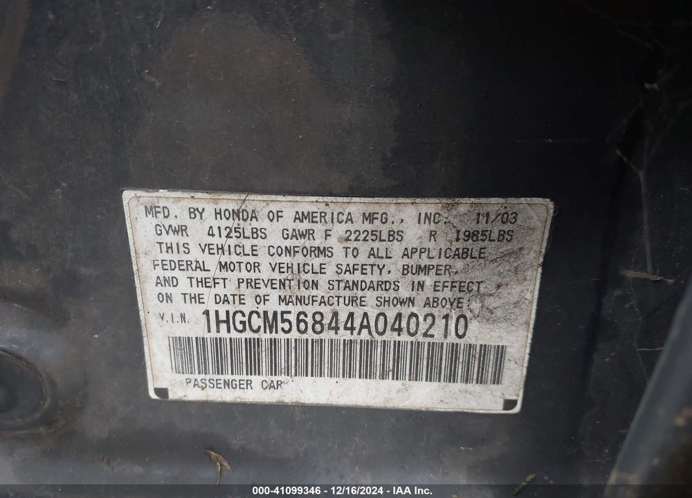 2004 HONDA ACCORD 2.4 EX VIN: 1HGCM56844A040210