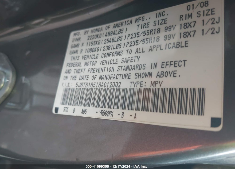 2008 ACURA RDX TECH PKG VIN: 5J8TB18518A012002
