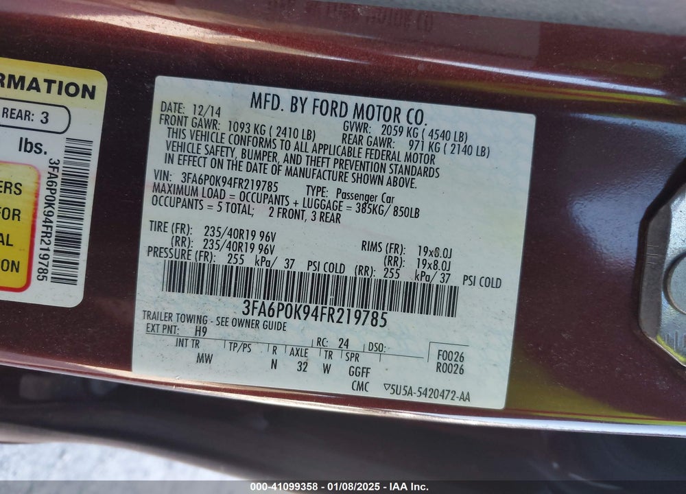 2015 FORD FUSION VIN: 3FA6P0K94FR219785