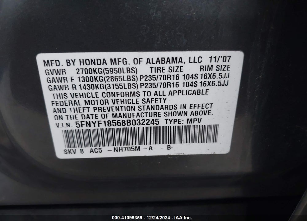 2008 HONDA PILOT EX-L VIN: 5FNYF18568B032245