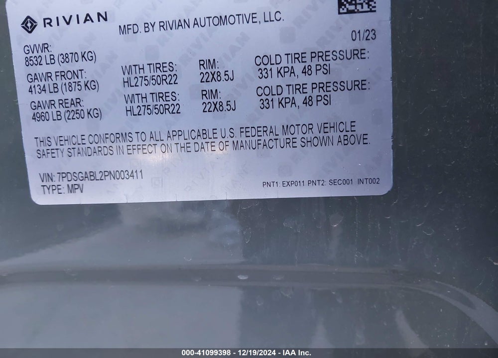 2023 RIVIAN R1S LAUNCH EDITION VIN: 7PDSGABL2PN003411