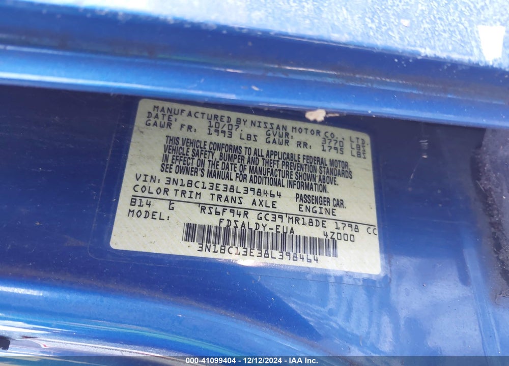 2008 NISSAN VERSA 1.8S VIN: 3N1BC13E38L398464