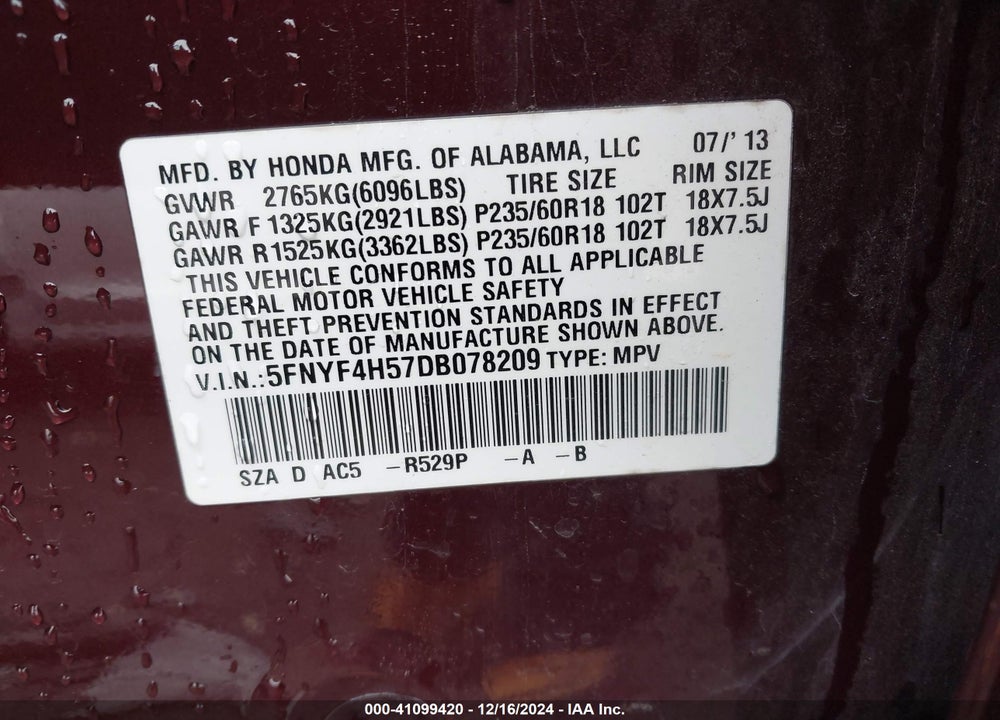 2013 HONDA PILOT EX-L VIN: 5FNYF4H57DB078209
